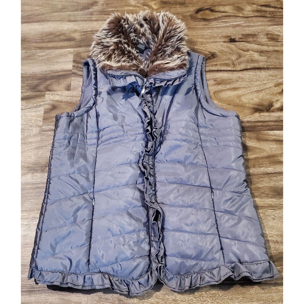 New Directions ND Women's Medium Quilted Vest Silver Faux Fur Collar Ruffle Zip